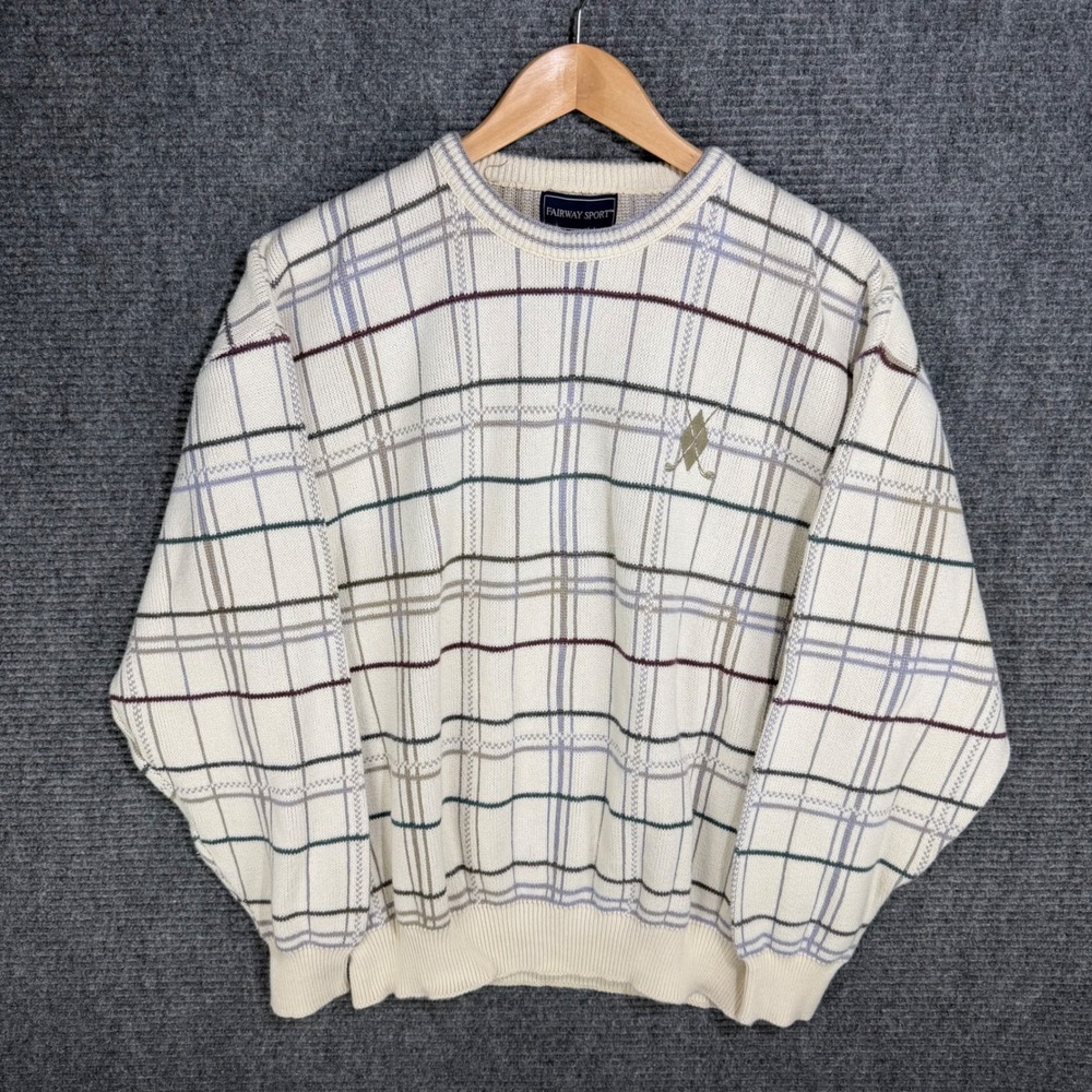 Fairway Sport Mens XL Vintage Plaid Cotton Knit Golf Sweater Cream Made in USA